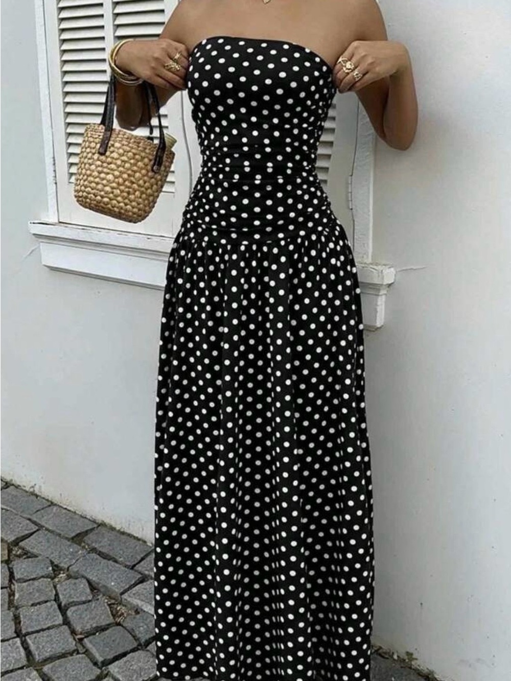 Strapless Black & White Polka Dot Maxi Dress